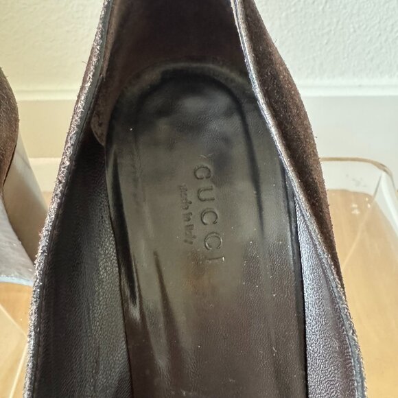 Gucci Vintage Horsebit Brown Suede Pumps Square Toe Block Heel Size 7 Resoled - Picture 9 of 16